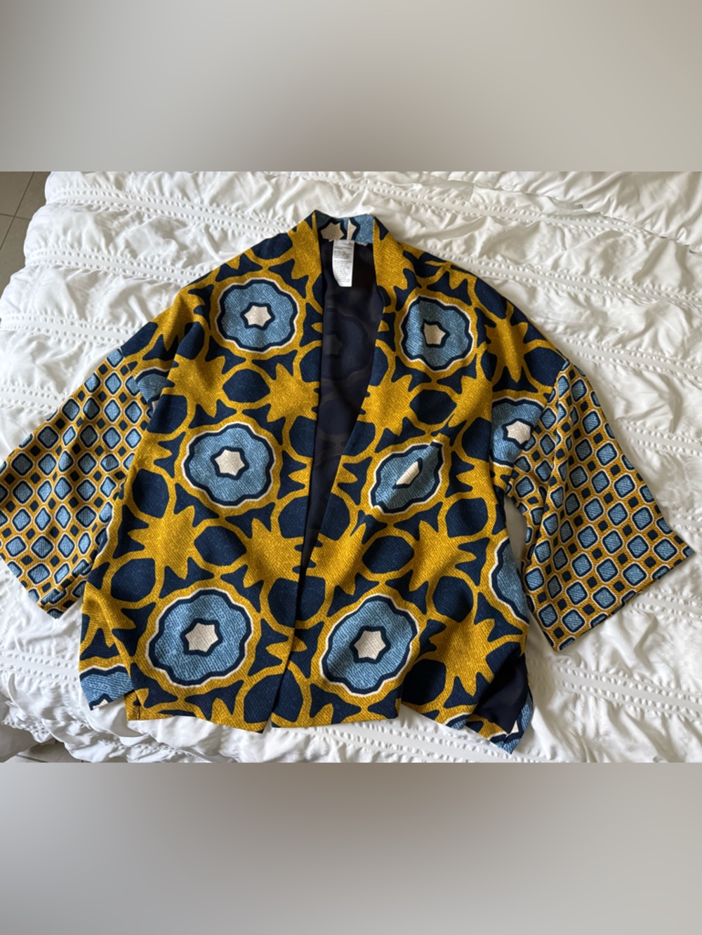 Chico's Yellow and Navy Geometric Open Blazer